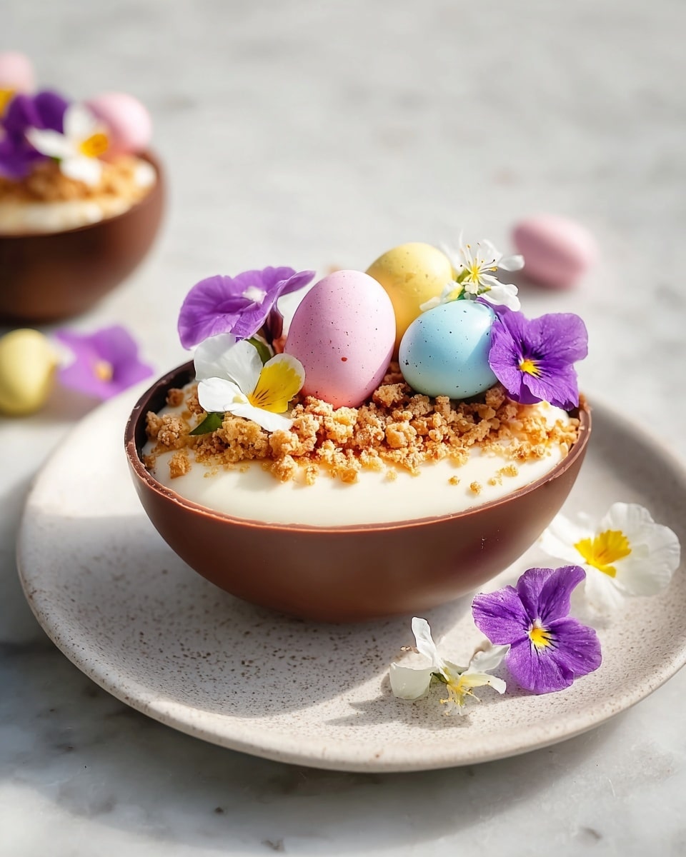 Three whole chocolate Easter egg shells filled with creamy white mousse, topped with pastel speckled candy eggs, golden cookie crumble, and delicate edible flowers, all arranged on a white marble surface, with a white bowl filled with additional candy eggs in the background, natural lighting, professional 3/4 angle food magazine style shot showing the full presentation of all three chocolate egg desserts together, photo taken with an iphone --ar 4:5 --v 7
