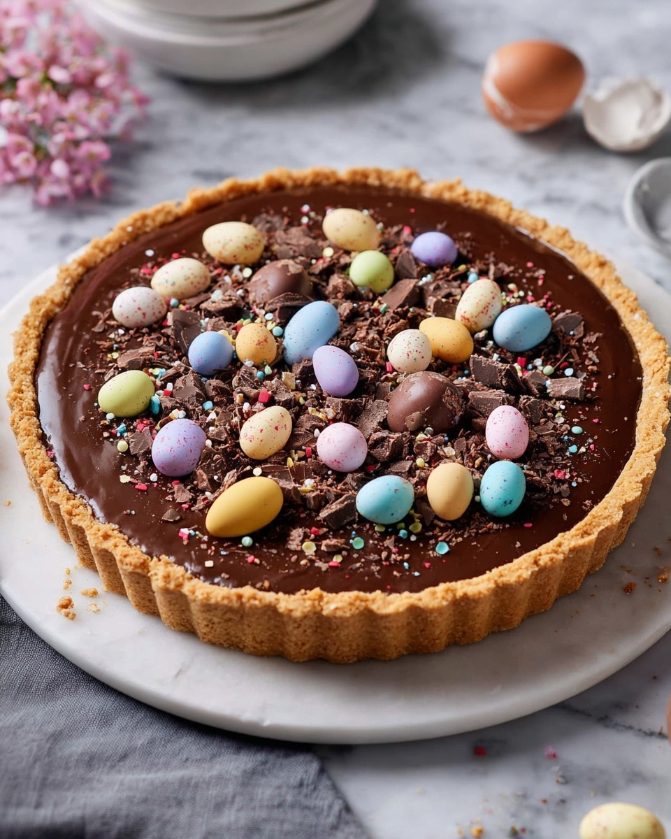 Whole chocolate tart with a perfectly golden, crumbly crust filled with rich, smooth chocolate ganache, generously topped with an even scatter of colorful pastel mini chocolate eggs and crushed chocolate pieces, all presented on a large white plate, photographed from a 3/4 angle on a white marble background with natural lighting, styled as a professional food magazine hero shot, photo taken with an iphone --ar 4:5 --v 7