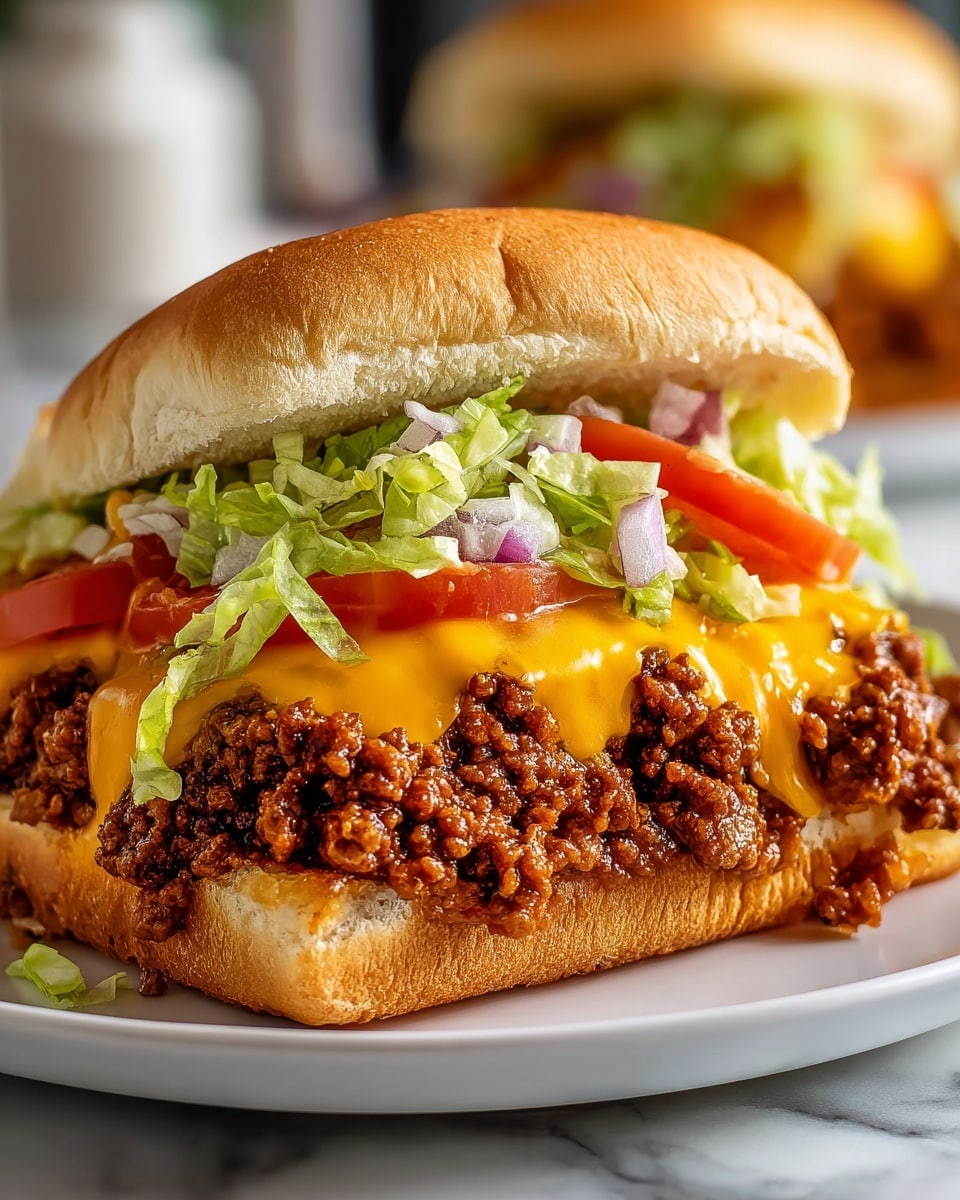 Long white sub sandwich on a white plate filled with seasoned ground beef layered with melted cheddar and mozzarella cheese, finely shredded lettuce, diced tomatoes, and fresh diced onions inside a perfectly toasted hoagie bun, whole sandwich shown from a 3/4 angle with the entire sub in frame, set on a white marble background with natural lighting, styled like a hero shot from a food magazine, photo taken with an iphone --ar 4:5 --v 7