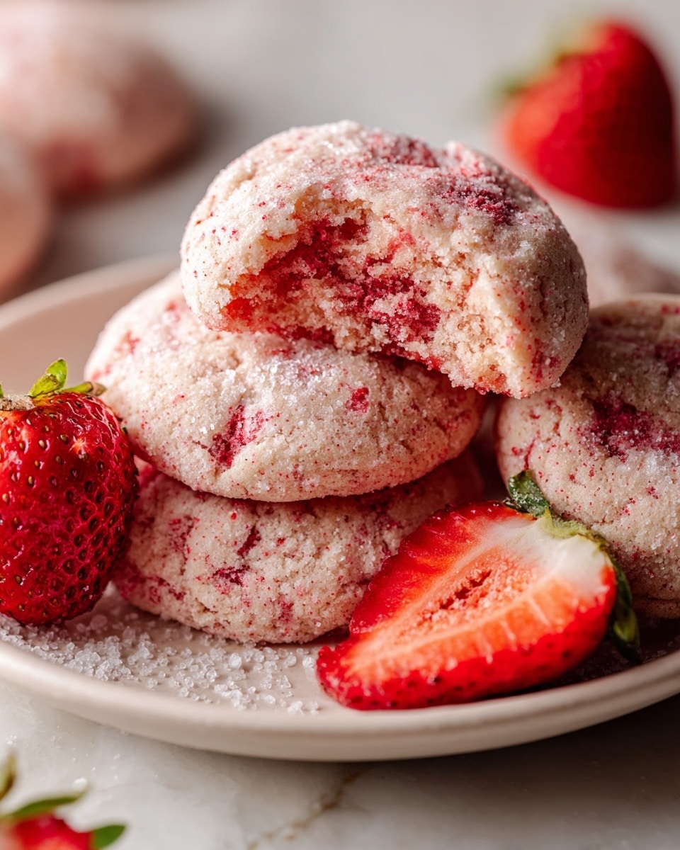 Large white platter elegantly filled with a full batch of strawberry sugar cookies, each cookie round and generously coated with sparkling sugar crystals and flecks of crushed freeze-dried strawberries, accompanied by fresh whole and halved ripe strawberries artistically placed around the cookies, a rustic ceramic bowl filled with frothy strawberry-speckled glaze positioned among the cookies, entire arrangement captured in natural light from a 3/4 angle against a pristine white marble background, styled as a premium food magazine hero shot, photo taken with an iphone --ar 4:5 --v 7