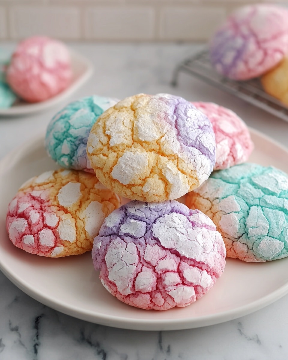 White round cake stand piled high with an assortment of colorful pastel crinkle cookies in pink, yellow, purple, and blue hues, each showcasing a cracked powdered sugar surface, arranged to highlight the variety and texture, photographed from a slight 3/4 angle on a white marble countertop with natural lighting, professional food styling photo taken with an iphone --ar 4:5 --v 7