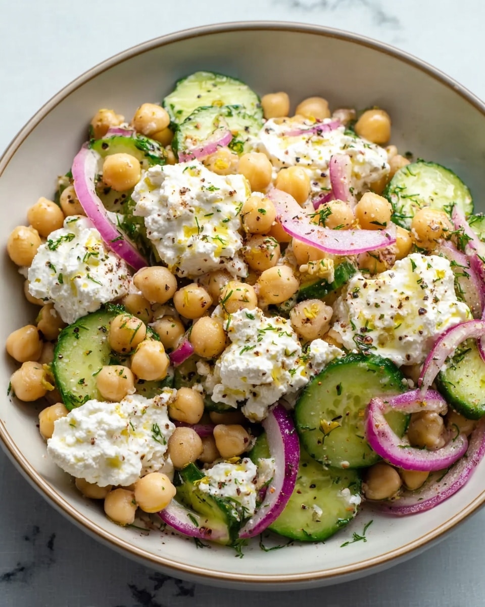 Large white bowl filled to the brim with a fresh and vibrant chickpea salad, featuring a generous amount of whole chickpeas mixed with creamy dollops of ricotta cheese, crisp slices of cucumber, and slivers of red onion, lightly drizzled with olive oil and sprinkled with cracked black pepper and finely chopped herbs, presented from a 3/4 angle on a white marble background under natural lighting, styled as a captivating food magazine hero shot, photo taken with an iphone --ar 4:5 --v 7