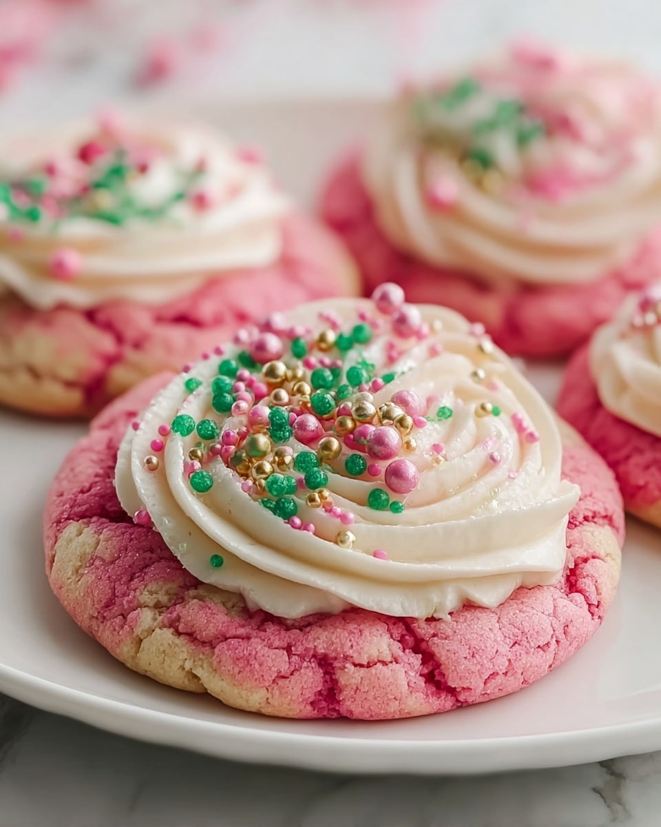 Large white ceramic platter filled with a dozen vibrant pink cookies, each topped with a delicate swirl of creamy white frosting and adorned with festive sprinkles in shades of pink, green, and gold, arranged closely together showcasing their soft texture and colorful decoration, photographed in a professional 3/4 angle shot on a white marble countertop with natural lighting, resembling a high-end food magazine hero shot, photo taken with an iphone --ar 4:5 --v 7