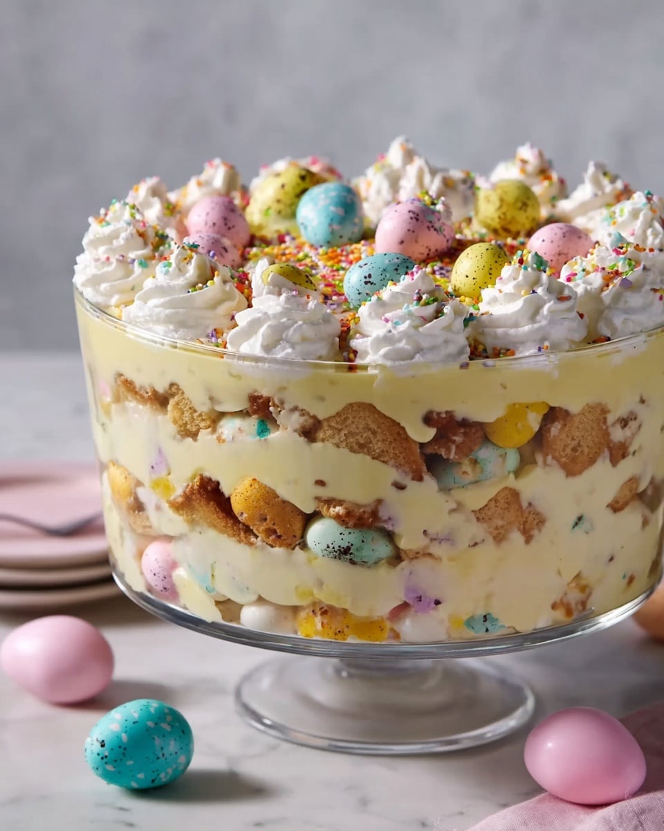 Large white glass trifle bowl filled with a layered Easter trifle dessert, showing alternating layers of creamy custard, whipped cream, colorful speckled mini chocolate eggs, and crumbled cake pieces, topped generously with swirls of whipped cream, colorful pastel sprinkles, and additional mini chocolate eggs scattered across the top, whole dish photographed from a 3/4 angle on a white marble countertop, natural lighting, professional food magazine hero shot photo taken with an iphone --ar 4:5 --v 7