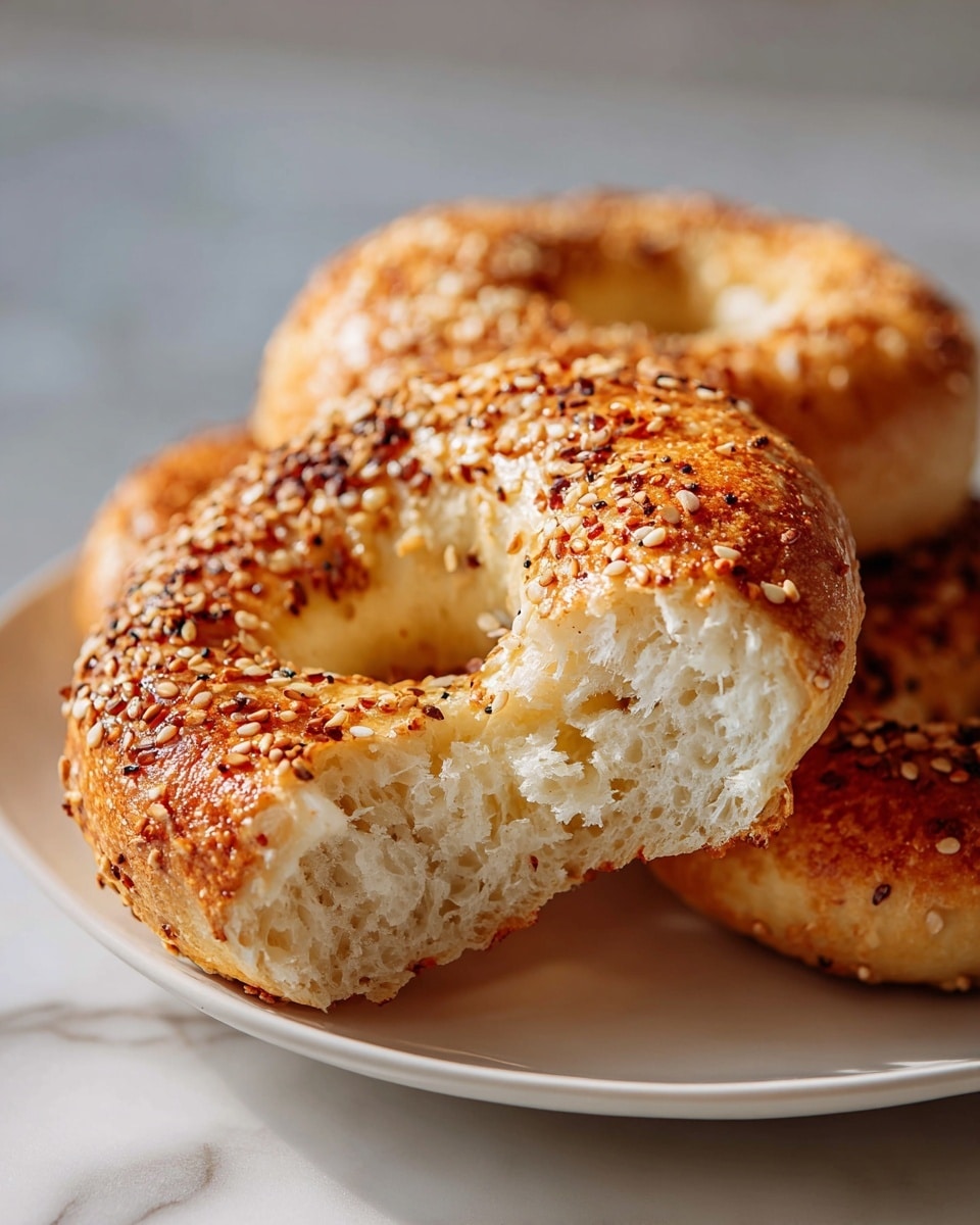 A white plate piled high with six perfectly golden whole sesame seed bagels, each with a shiny crust and sprinkled generously with toasted white and black sesame seeds, arranged in a rustic stack on a white marble countertop under natural light, professional food magazine style hero shot photo taken with an iphone --ar 4:5 --v 7