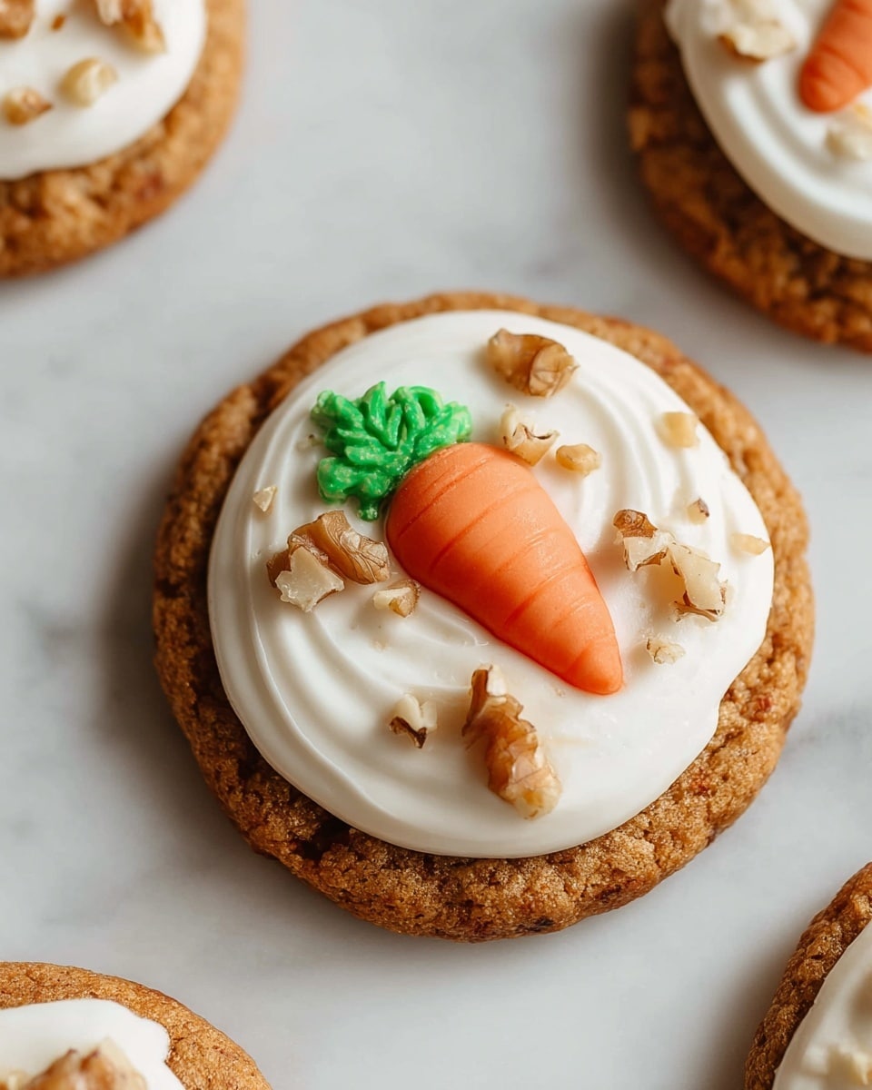 A white marble countertop showcasing a full batch of carrot cake cookies arranged neatly, each cookie topped with a generous swirl of creamy white frosting, adorned with a small, detailed orange and green carrot decoration made from icing, and sprinkled with chopped walnuts, all cookies displayed together in a flat lay style, natural lighting emphasizing the moist texture and decorative elements, professional food magazine hero shot, photo taken with an iphone --ar 4:5 --v 7