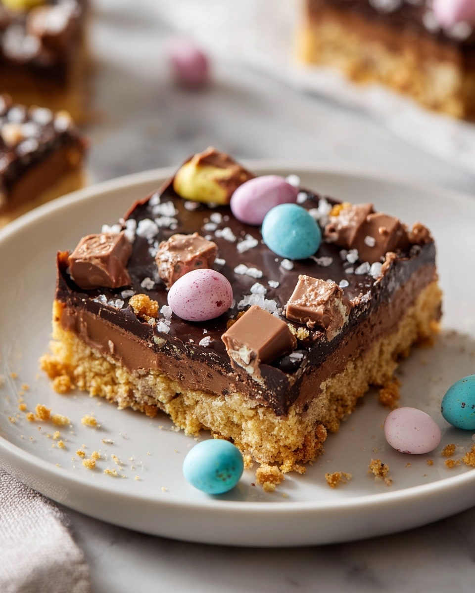Full baking tray with an uncut batch of rich chocolate brownies topped with a glossy layer of melted chocolate, decorated with colorful pastel-speckled mini chocolate eggs and scattered chunks of dark chocolate, garnished lightly with coarse sea salt crystals, all presented on white parchment paper inside the tray, photographed from a 3/4 angle on a white marble countertop with natural lighting, professional food magazine style photo taken with an iphone --ar 4:5 --v 7
