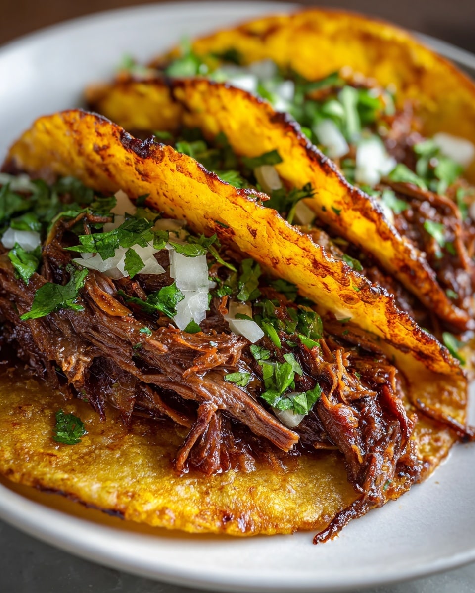 Large white platter showcasing a full tray of crispy corn tacos generously stuffed with rich, tender shredded beef, garnished with freshly chopped white onions and vibrant green cilantro, arranged neatly side by side to highlight their golden, slightly charred shells. The dish is displayed on a white marble countertop under natural lighting, captured from a professional 3/4 angle food magazine hero shot to emphasize texture, color, and freshness. Photo taken with an iphone --ar 4:5 --v 7