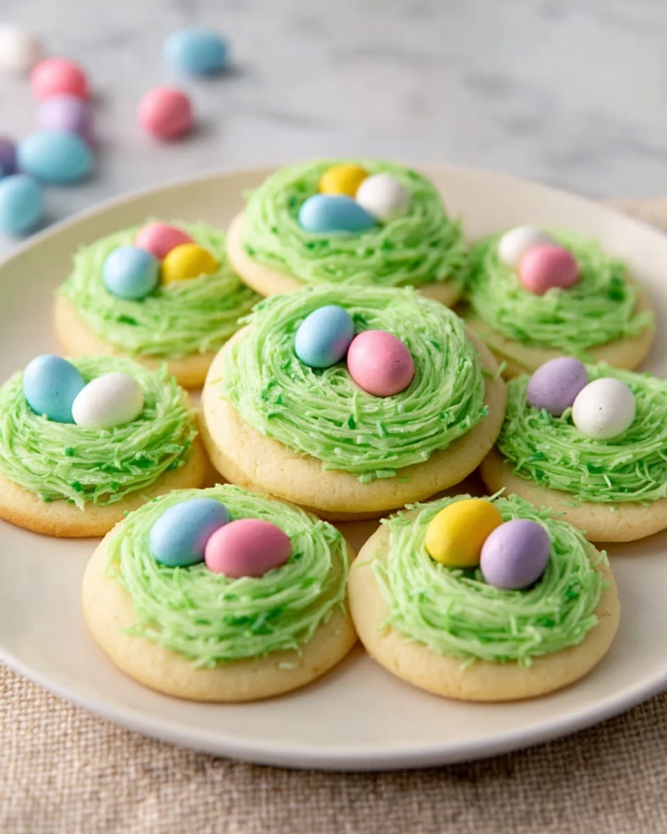 White round plate filled with a full batch of frosted sugar cookies, each topped with swirls of vibrant green buttercream frosting resembling grassy nests, garnished with colorful pastel mini candy eggs in pink, blue, yellow, and white scattered around and on top, all cookies evenly arranged and freshly decorated, professional 3/4 angle shot on a white marble background with natural lighting, styled like a hero food magazine photo taken with an iphone --ar 4:5 --v 7