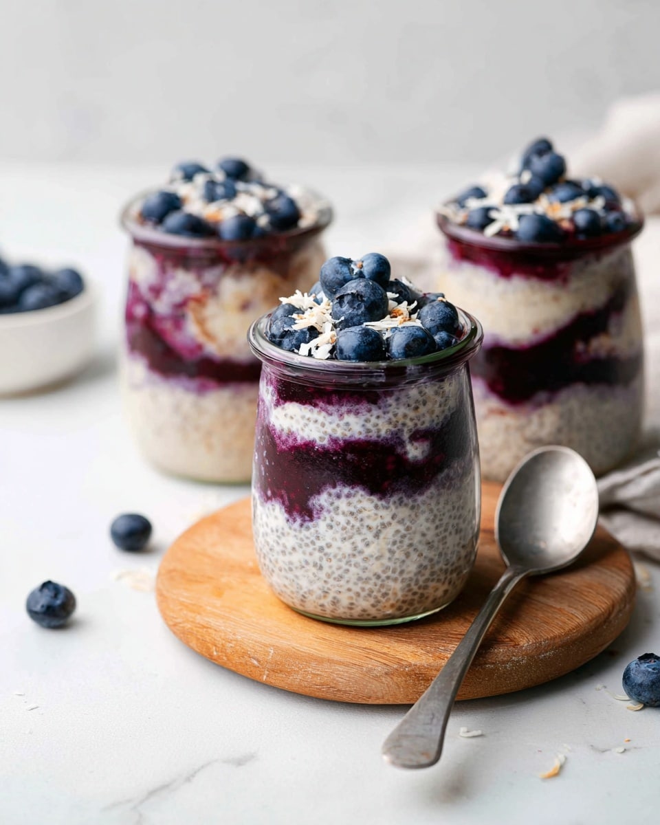 Three white glass jars filled with layered blueberry chia seed pudding, showing creamy oats mixed with chia seeds and swirls of rich blueberry compote, topped with fresh blueberries and sprinkled with coconut flakes, all arranged on a white marble countertop with natural lighting, whole dish presented as a set for serving, professional food styling photo taken with an iphone --ar 4:5 --v 7