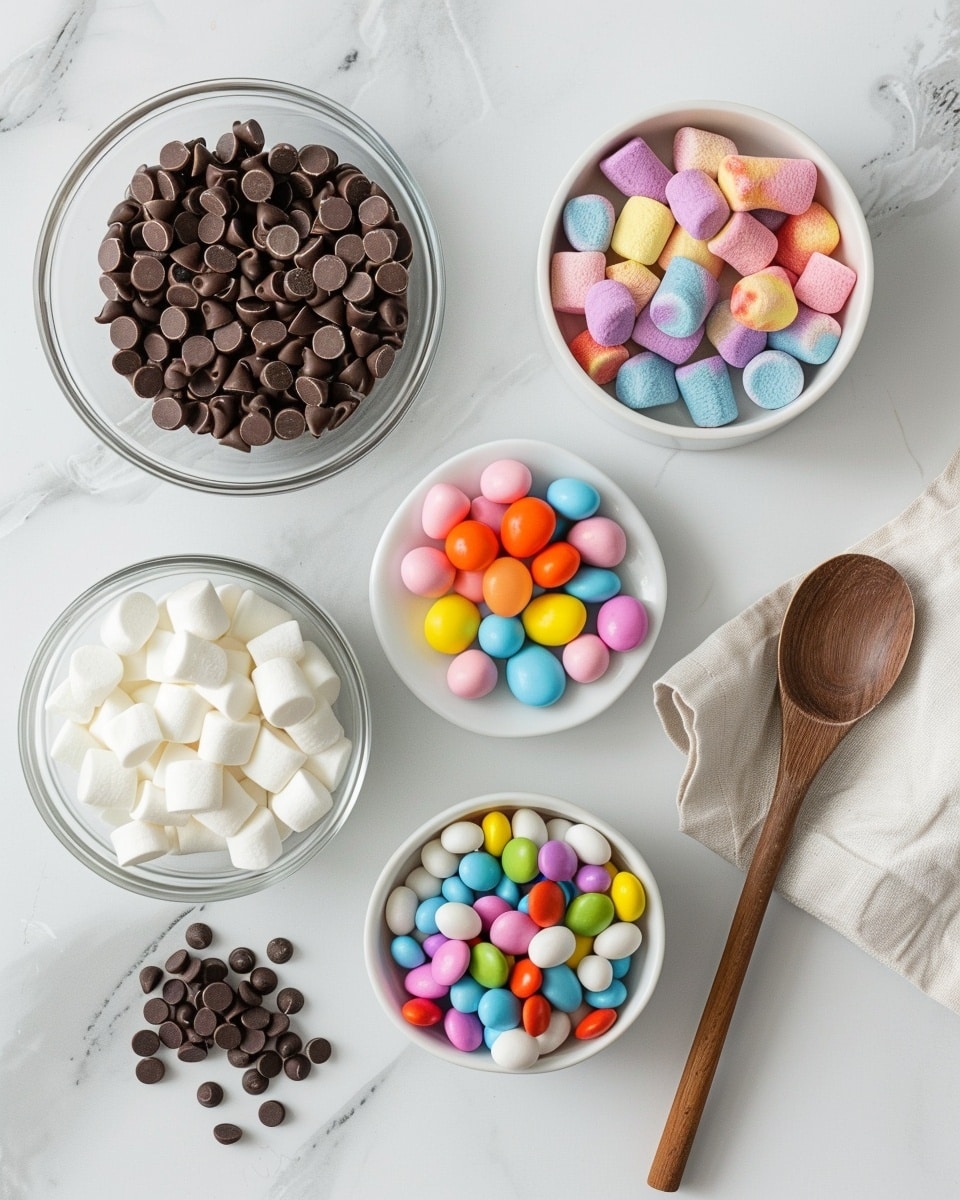 Single white plate with one thick, square portion of rich chocolate fudge studded with colorful pastel marshmallow pieces and milk chocolate candy-coated eggs on top, close-up angled shot showcasing the dense, smooth texture of the fudge and the vibrant contrast of pink, yellow, green, and purple marshmallow chunks inside, sprinkled lightly with small heart-shaped sprinkles, all set on a white marble background with natural lighting for a food blog style presentation, photo taken with an iphone --ar 4:5 --v 7