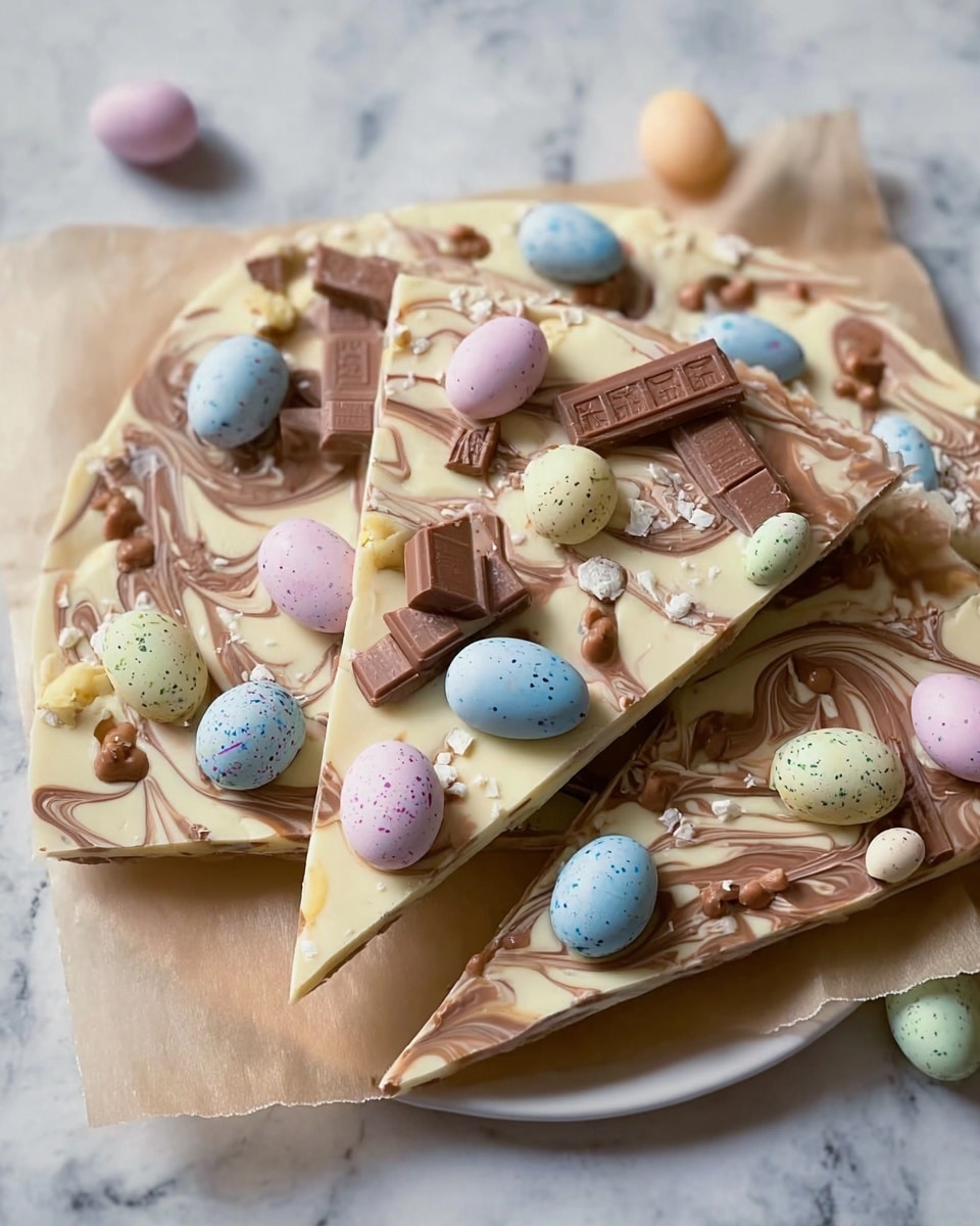 Large white rectangular serving board featuring a whole, uncut slab of marbled milk and white chocolate bark, richly swirled with creamy smooth patterns and topped with colorful pastel mini chocolate eggs, chunky pieces of chocolate bars, and scattered multicolored sprinkles, all arranged vibrantly to showcase the festive Easter theme, photographed from a 3/4 angle on a white marble background with natural lighting for a professional food magazine hero shot, photo taken with an iphone --ar 4:5 --v 7