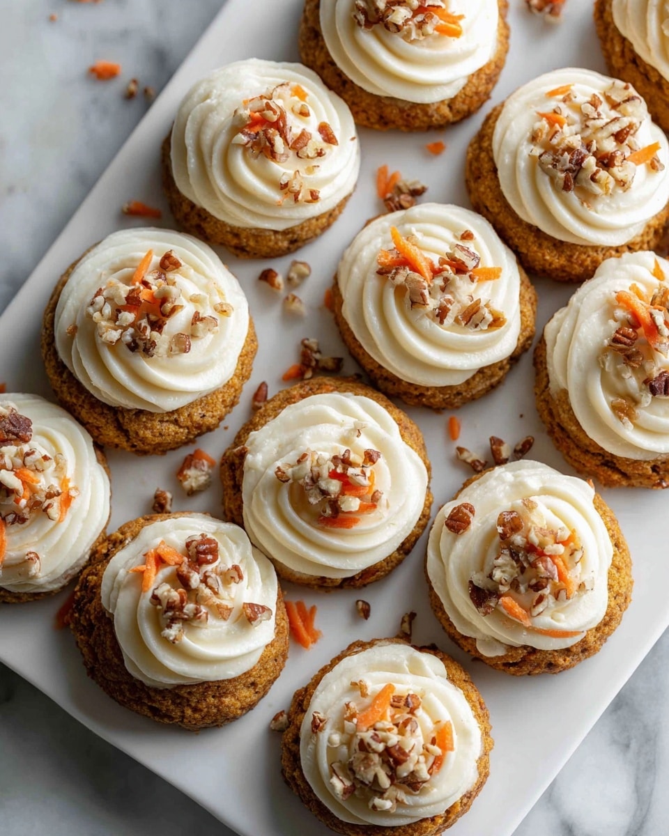 A large white rectangular tray filled with a complete batch of freshly baked carrot cookies, each topped with perfectly swirled cream cheese frosting and sprinkled with chopped pecans in neat rows, vibrant orange carrot bits visible within the moist cookie base, set on a white marble countertop under natural light, styled for a professional food magazine hero shot, photo taken with an iphone --ar 4:5 --v 7