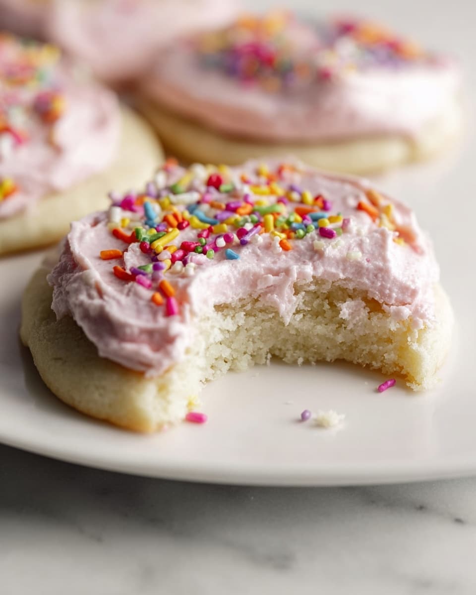 White rectangular platter filled with a full batch of soft sugar cookies, each topped with thick, smooth pale pink frosting and generously sprinkled with colorful rainbow jimmies, arranged neatly to showcase the entire batch, photographed from a 3/4 angle on a white marble surface with natural light accentuating the creamy texture of the frosting, professional food styling photo taken with an iphone --ar 4:5 --v 7