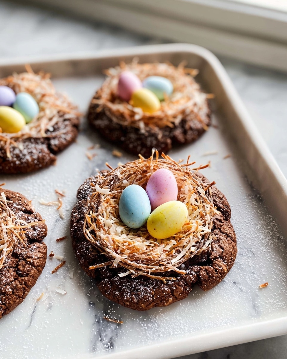Wooden tray lined with parchment paper holding a full batch of round chocolate nest cookies, each cookie topped with toasted shredded coconut arranged carefully in a bird's nest shape and three pastel-colored candy eggs in soft blue, pink, and yellow nestled inside; the cookies have a cracked glossy surface dusted lightly with powdered sugar, photographed from a 3/4 angle on a white marble countertop with natural lighting, styled as a hero shot in a food magazine, photo taken with an iphone --ar 4:5 --v 7