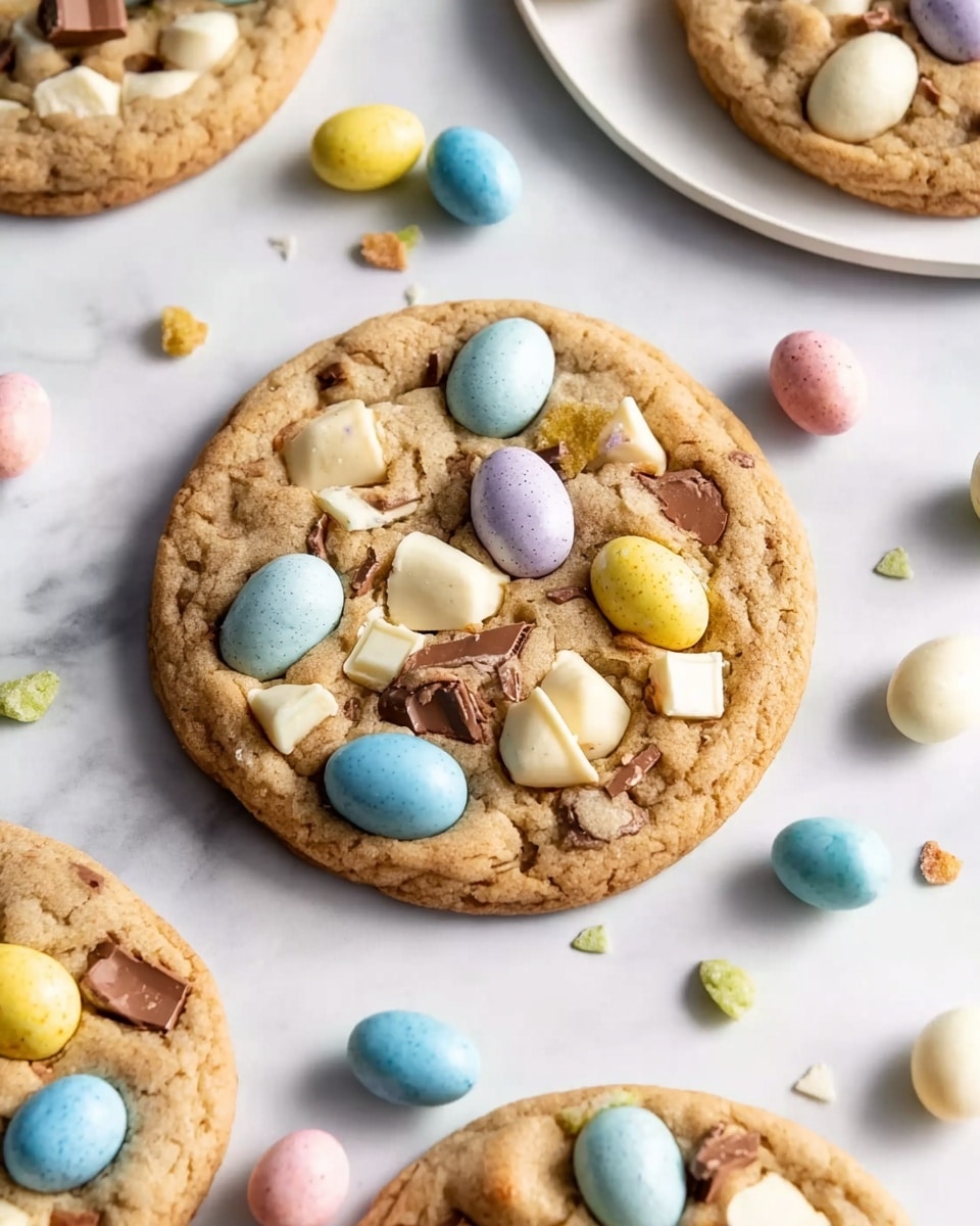 A white rectangular baking tray filled with a full batch of freshly baked Easter-themed cookies, each cookie generously topped with an assortment of colorful pastel candy-coated chocolate eggs, chunks of white chocolate, and bits of milk chocolate, arranged in neat rows covering the entire tray. The cookies have a golden-brown texture with a slight crisp edge and soft centers, enhanced by the vibrant candy candies that create a festive springtime look. The tray is placed on a light linen cloth, set against a white marble countertop, captured in natural daylight from a professional 3/4 angle showing the entire dish in frame, photo taken with an iphone --ar 4:5 --v 7