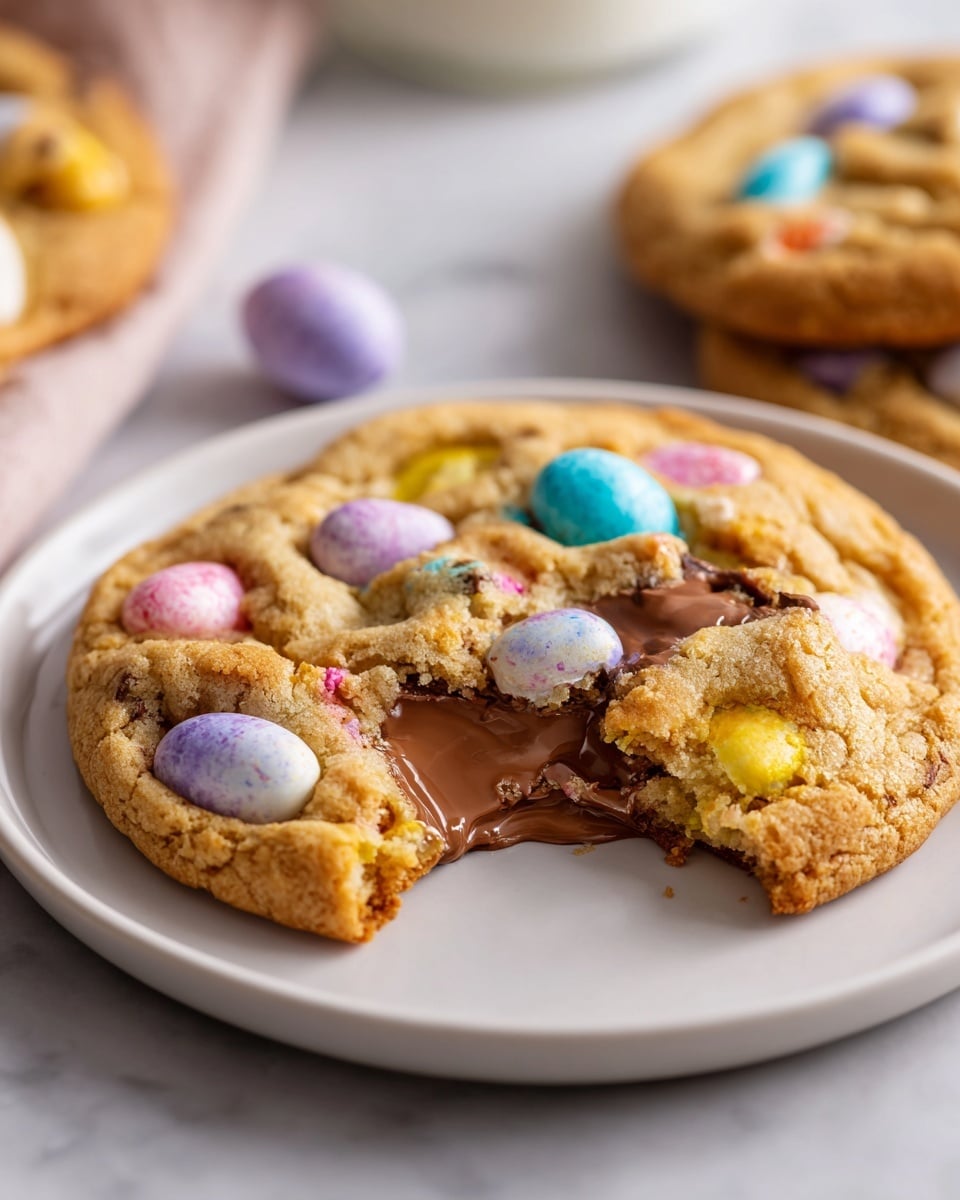 Full rectangular baking sheet filled with a dozen freshly baked oversized cookies topped with colorful candy-coated chocolate eggs, with golden brown edges and melted chocolate swirls, all arranged neatly on parchment paper, shot from a 3/4 angle over a white marble countertop with natural lighting, styled like a food magazine hero shot, photo taken with an iphone --ar 4:5 --v 7
