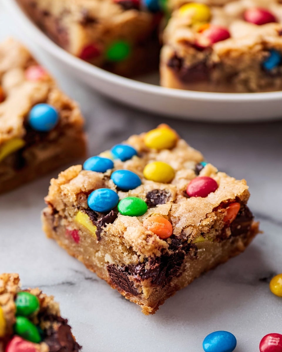 Large white rectangular baking pan filled with a full batch of rich chocolate brownie bars topped with a golden cookie dough layer studded with colorful M&M candies and melted chocolate chips, showing the entire uncut dessert with a slightly crisp, textured top and dense fudgy bottom, artfully styled on a white marble background with natural light, professional food magazine hero shot, photo taken with an iphone --ar 4:5 --v 7