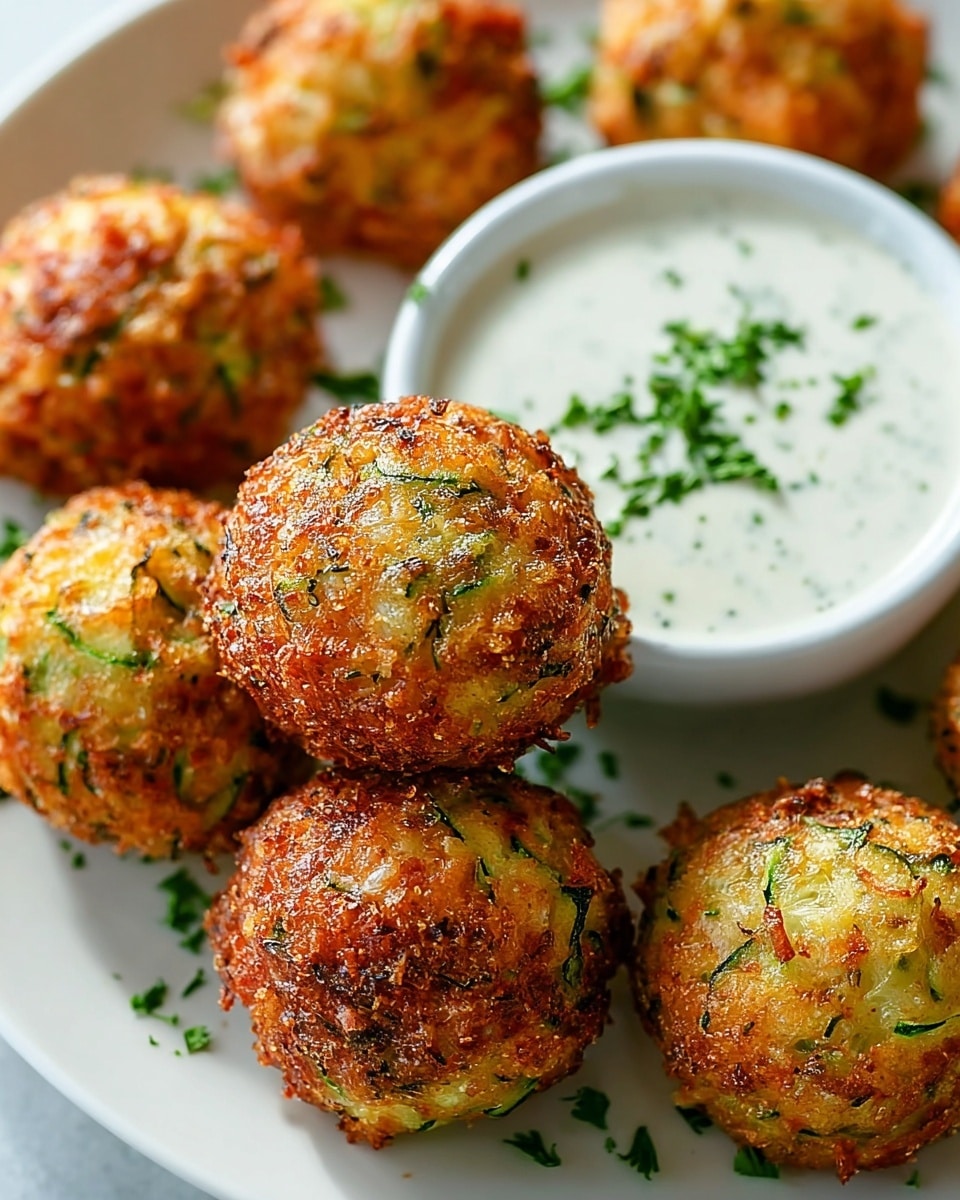 Large white plate filled with a full batch of crispy golden zucchini fritters, each ball perfectly round with flecks of fresh green zucchini and herbs visible throughout, garnished with chopped parsley, accompanied by a white ramekin of creamy herb dipping sauce sprinkled with fresh parsley, whole dish captured in a professional 3/4 angle shot on a white marble countertop under natural lighting, vibrant and inviting presentation like a food magazine hero shot, photo taken with an iphone --ar 4:5 --v 7