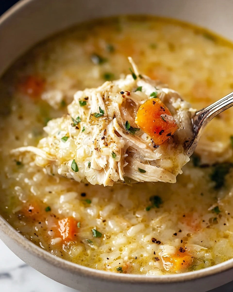 Large white ceramic bowl brimming with creamy chicken and vegetable soup, packed with tender shredded chicken, chunky carrots, celery, and fluffy rice, all immersed in a rich, flavorful broth seasoned with fresh herbs, accompanied by a second identical bowl to suggest multiple servings, presented on a pristine white marble countertop under natural light, capture from a professional 3/4 angle food magazine hero shot, photo taken with an iphone --ar 4:5 --v 7