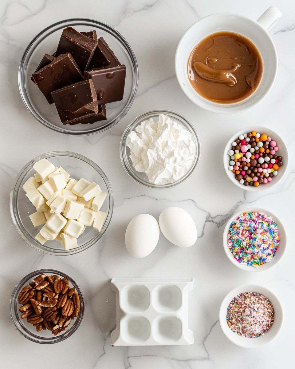 Single white plate holding one half of a chocolate-coated confection filled with smooth caramel studded with crunchy pecan pieces, close-up angled shot revealing glossy dark chocolate shell contrasted with the rich, golden caramel interior and textured nuts, decorated with delicate yellow nonpareil sprinkles and white chocolate drizzle on top, natural lighting highlighting the depth and layers, placed on white marble surface, intimate plated serving photo taken with an iphone --ar 4:5 --v 7