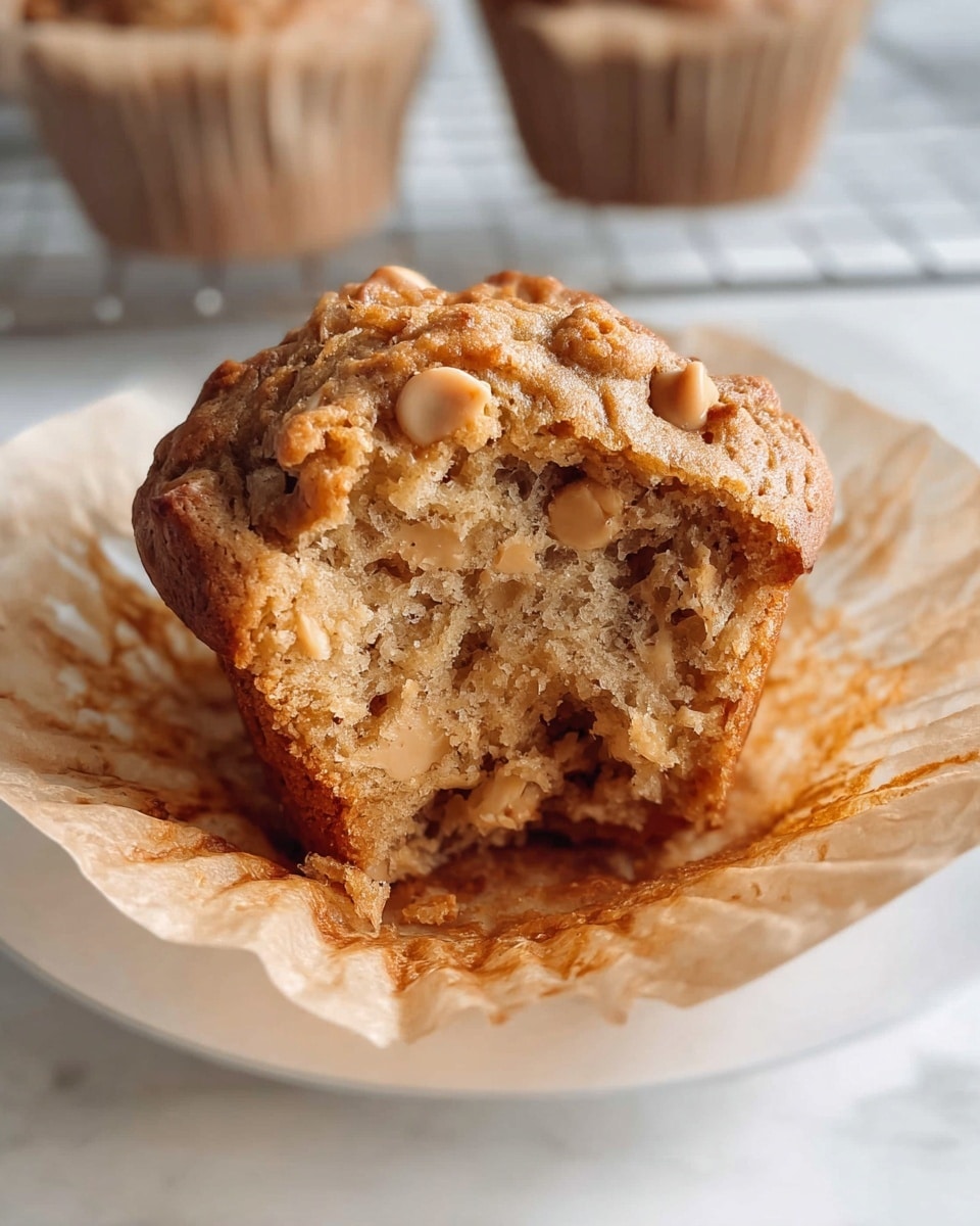 A full muffin tin filled with six golden brown freshly baked banana muffins studded with creamy peanut butter chips, each muffin wrapped in rustic parchment paper, showcasing a slightly cracked top with a moist, tender crumb, presented from a 3/4 angle on a pristine white marble countertop under natural lighting, styled as a professional food magazine hero shot, photo taken with an iphone --ar 4:5 --v 7