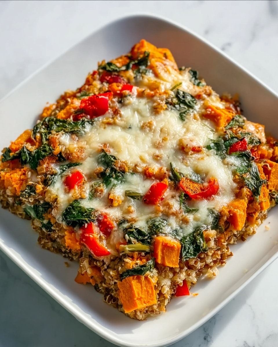 Large rectangular white baking dish filled with a hearty casserole of roasted butternut squash cubes, crumbled cooked turkey sausage, wilted spinach, and diced red bell peppers, all topped with melted mozzarella cheese, the whole dish presented inside its baking pan on a white marble countertop, natural lighting highlighting the vibrant autumn colors, professional food magazine hero shot photo taken with an iphone --ar 4:5 --v 7