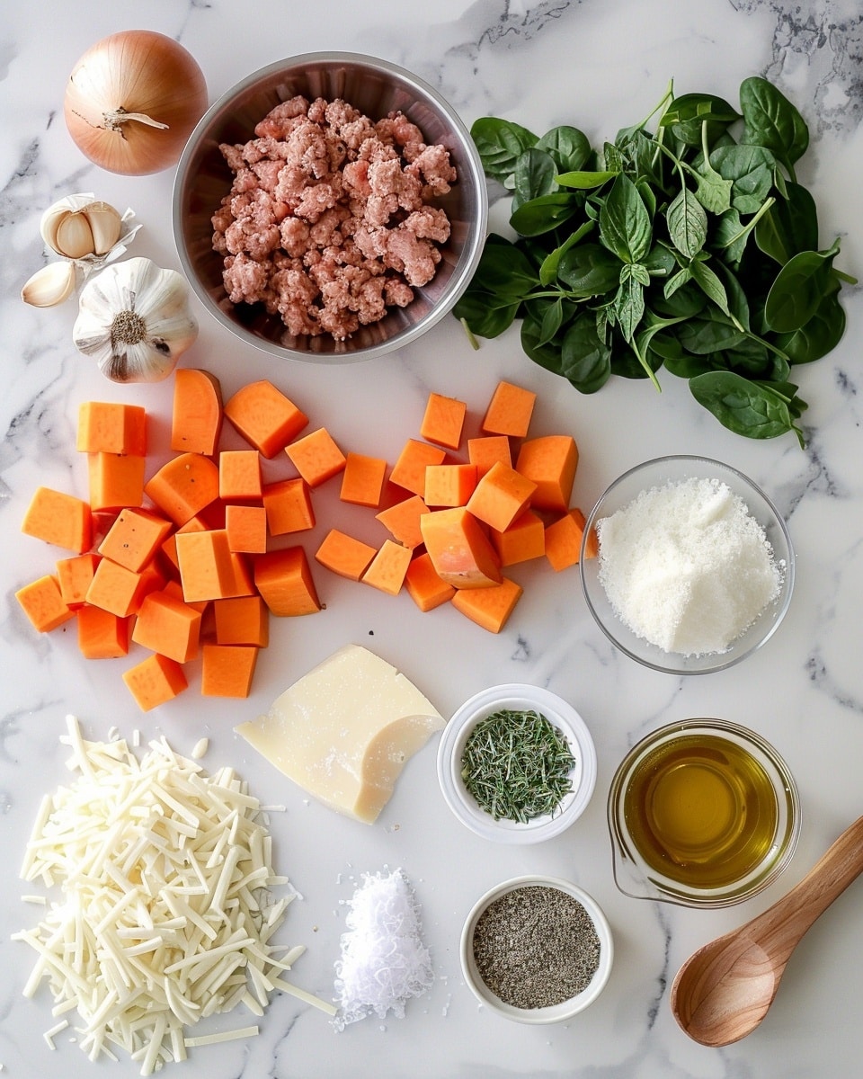 A single plated portion of a hearty casserole featuring tender, vibrant orange sweet potato cubes, wilted spinach, diced red bell peppers, and a generous layer of melted mozzarella cheese on top, showing a textured cross-section that reveals the mixed grains and vegetables beneath the golden, bubbly cheese layer. The white square plate contrasts with the colorful ingredients, set on a white marble surface with natural lighting emphasizing the moist, flavorful interior and fresh vegetable pieces, styled as a ready-to-eat individual serving from a food blog, photo taken with an iphone --ar 4:5 --v 7