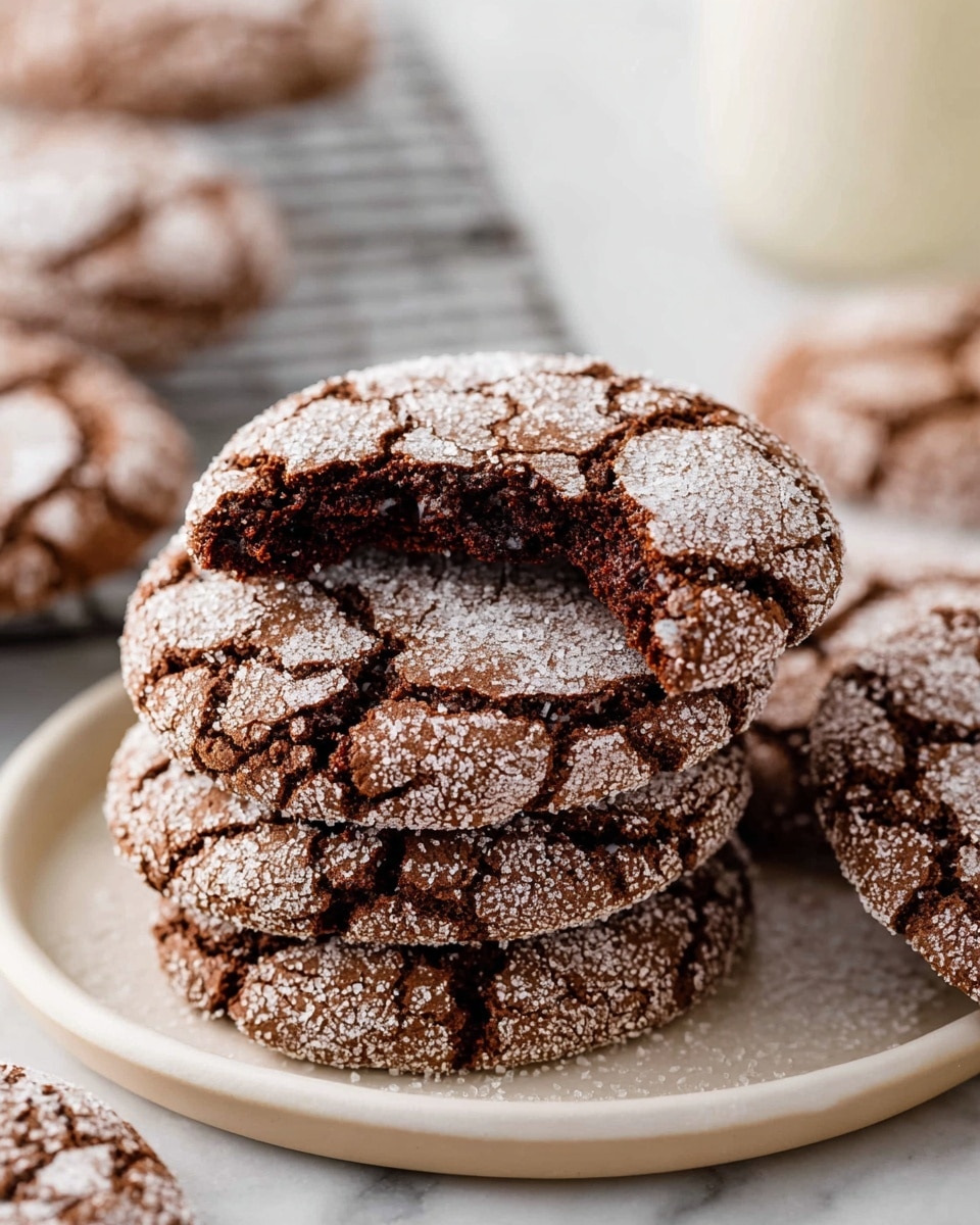 Twelve perfectly round chocolate cookies with cracked surfaces and a sugar-dusted finish, evenly arranged on a silver cooling rack atop a white marble countertop, surrounded by small bowls of sugar and milk glasses, whole batch presented in a clean and inviting setting, professional 3/4 angle food magazine style photo taken with an iphone --ar 4:5 --v 7