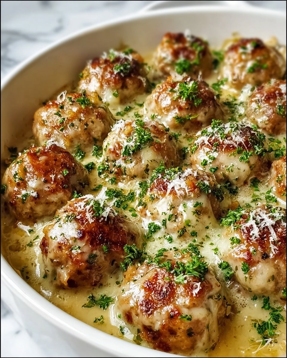 A large white rectangular baking dish filled with a generous batch of golden-brown baked meatballs smothered in a creamy garlic herb sauce, each meatball glistening with melted cheese and sprinkled with finely chopped fresh parsley and grated parmesan, the whole dish perfectly baked and bubbling, captured in a professional 3/4 angle shot on a white marble countertop with natural lighting, like a hero food magazine photo taken with an iphone --ar 4:5 --v 7