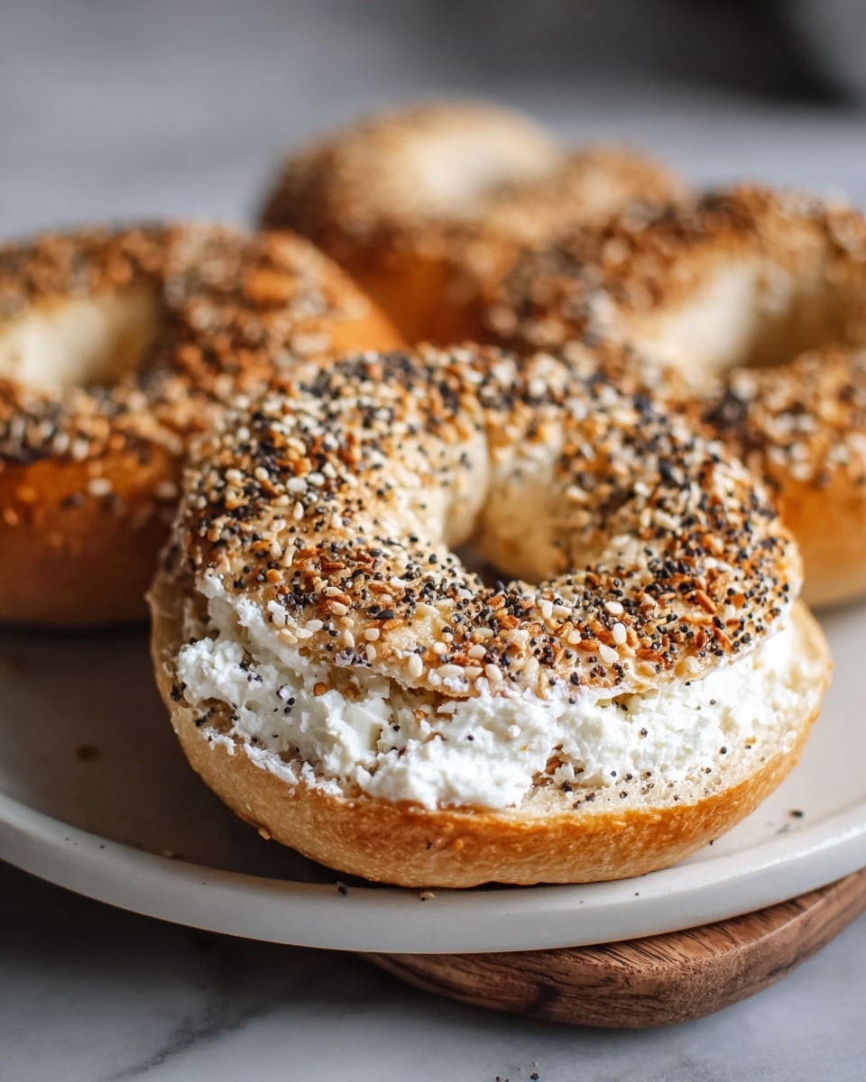 A white plate filled with a full batch of freshly baked everything bagels, each perfectly round with a golden crust generously topped with a mix of sesame seeds, poppy seeds, garlic flakes, and salt, arranged in a visually appealing cluster on a white marble countertop, natural lighting highlighting the texture and toppings, professional food styling photo taken with an iphone --ar 4:5 --v 7