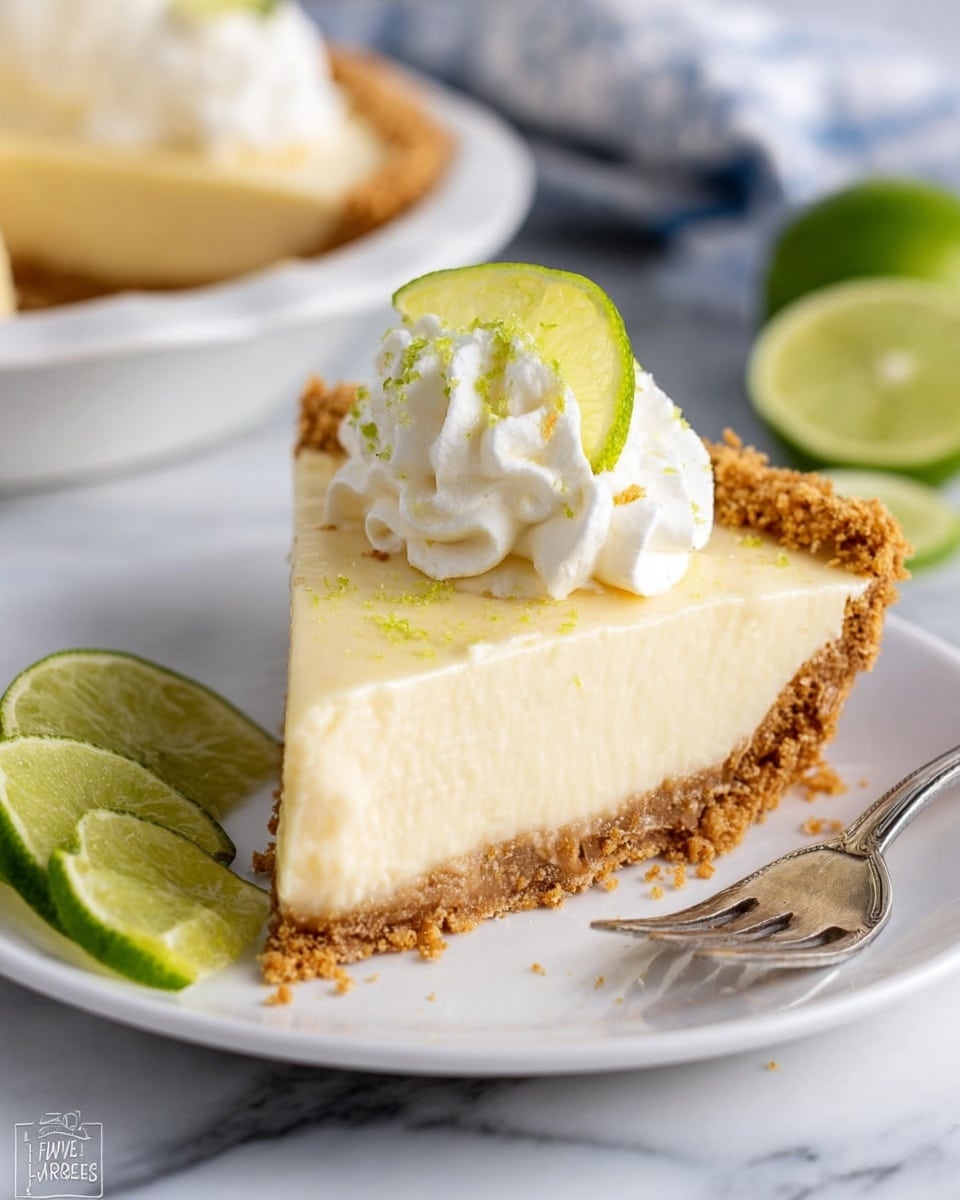 Whole key lime pie in a white ceramic pie dish, featuring a smooth and creamy pale yellow filling with a perfectly crumbly, golden graham cracker crust, topped evenly with delicate swirls of whipped cream and garnished with thin, fresh lime wedges and light zest sprinkled across the surface, shot from a professional 3/4 angle showing the entire uncut pie in frame on a white marble countertop with natural lighting, styled like a hero food magazine cover, photo taken with an iphone --ar 4:5 --v 7