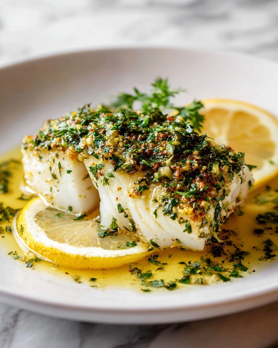 White rectangular baking dish filled with whole fillets of white fish topped with a vibrant herb and garlic mixture, garnished with thin lemon slices, bathed in a golden buttery sauce, presented in its entirety in the baking dish, photographed from a 3/4 angle on a white marble countertop with natural lighting, styled as a professional food magazine hero shot, photo taken with an iphone --ar 4:5 --v 7