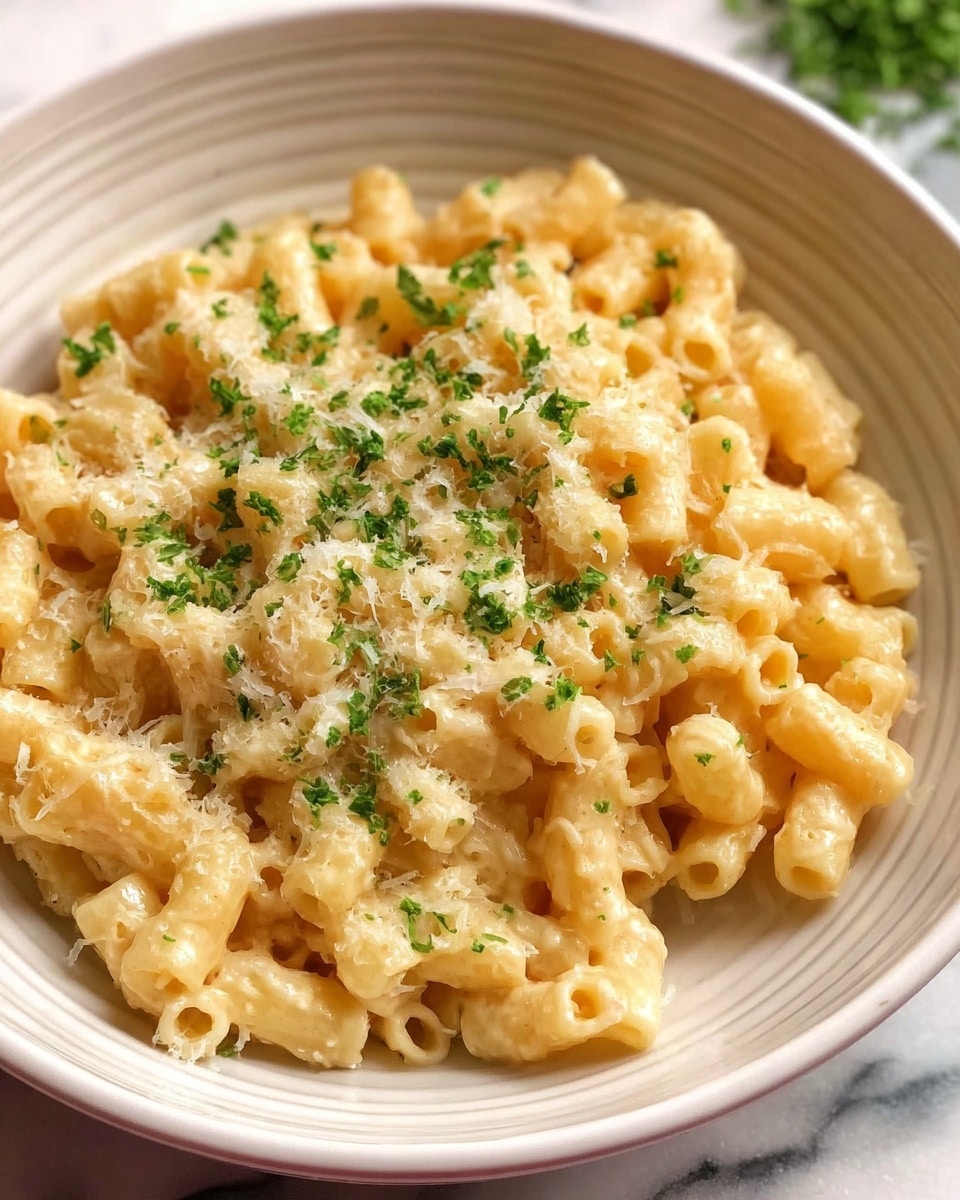 Large white baking dish filled with creamy macaroni and cheese made with tubular pasta, topped with finely chopped fresh parsley and a light sprinkle of grated parmesan cheese, the cheese sauce glistening and perfectly coating each piece of pasta, the dish photographed at a 3/4 angle on a white marble countertop with natural lighting, styled as a hero food magazine shot, photo taken with an iphone --ar 4:5 --v 7