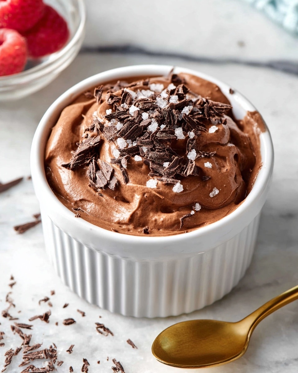 Large white ramekin filled with rich, creamy chocolate mousse, topped generously with dark chocolate shavings and a sprinkle of flaky sea salt, multiple ramekins with the same mousse arranged together on a white marble countertop, accompanied by scattered chocolate chips and a soft turquoise glass in the background, natural lighting highlighting the smooth texture and glossy finish of the mousse, professional 3/4 angle food magazine hero shot, photo taken with an iphone --ar 4:5 --v 7