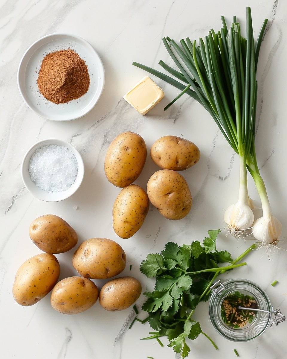 Single white plate with a close-up serving of golden roasted baby potatoes coated in a rich, textured spicy sauce with visible sesame seeds and finely chopped garlic, garnished generously with fresh, chopped green onions and parsley, showing the crispy edges and tender interiors of the potato halves, placed on a white marble surface with natural lighting, styled like a vibrant individual serving from a food blog, photo taken with an iphone --ar 4:5 --v 7