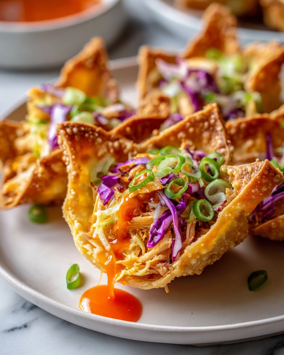 White plate filled with crispy fried wonton cups, each generously layered with shredded chicken, fresh shredded cabbage, finely chopped green onions, vibrant cilantro leaves, and drizzled with bright orange hot sauce, arranged neatly on a white marble surface, natural lighting highlighting the texture and colors, professional food magazine hero shot, photo taken with an iphone --ar 4:5 --v 7
