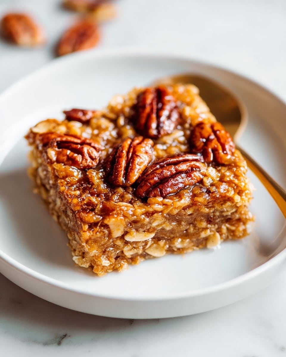 White oval baking dish filled with a whole freshly baked golden pecan and oat crumble, the topping textured with oats and glossy toasted pecans evenly spread across the entire surface, whole uncut dish photographed at a 3/4 angle on a white marble background with natural lighting, professional food styling, photo taken with an iphone --ar 4:5 --v 7