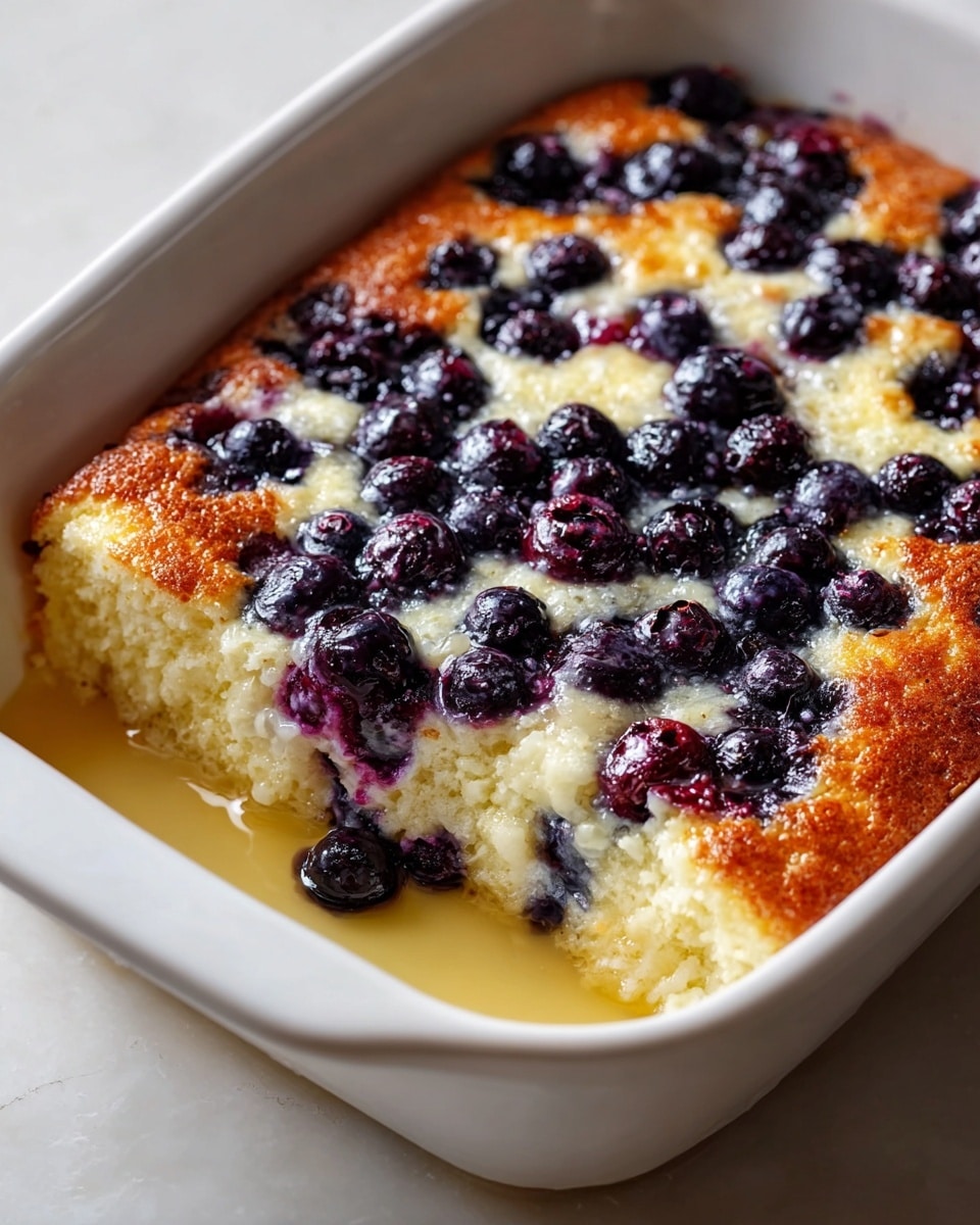 A large white rectangular baking dish filled with a freshly baked blueberry casserole, featuring a golden-brown, lightly crisped top layer dotted abundantly with juicy, plump blueberries bursting with rich purple color, the creamy and fluffy interior visible through the slight bubbling edges, with a glossy syrup pooling gently around the edges, the whole dish presented on a pristine white marble surface, captured in natural light from a professional 3/4 angle food magazine style, photo taken with an iphone --ar 4:5 --v 7