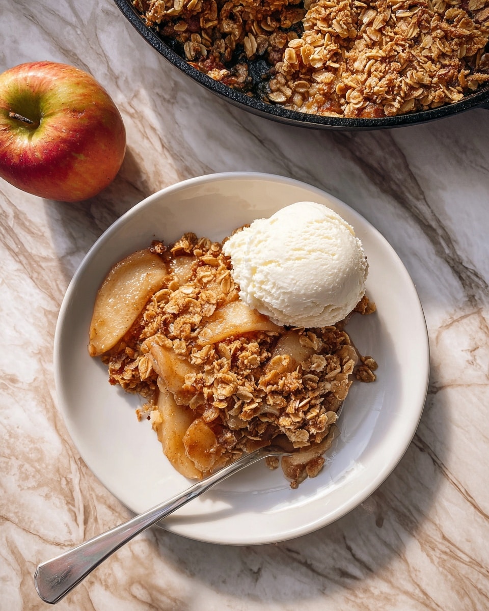 Full black cast iron skillet filled with a golden baked apple crumble topped generously with a crunchy oat and brown sugar streusel, visible tender cinnamon-spiced apple slices peeking through the topping, surrounded by fresh whole and halved red and yellow apples on a wooden table, white cloth with red stripes beside the skillet, all presented on a white marble surface with bright natural lighting, captured from a professional overhead angle, food magazine hero shot, photo taken with an iphone --ar 4:5 --v 7