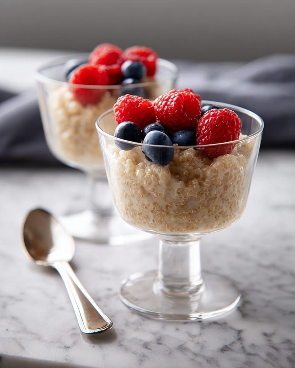 Two large white serving bowls filled with creamy, cooked quinoa pudding, each topped generously with fresh raspberries and blueberries, the whole setup presented on a white marble countertop with natural lighting, showcasing the entire dish from a professional 3/4 angle food magazine hero shot, photo taken with an iphone --ar 4:5 --v 7