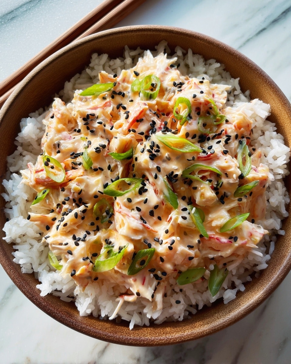 Large white bowl filled with a generous serving of creamy spicy crab salad layered over a bed of fluffy white jasmine rice, garnished with sliced green onions and sprinkled with black sesame seeds, whole dish viewed from a 3/4 angle on a white marble background with natural lighting, styled like a food magazine hero shot, photo taken with an iphone --ar 4:5 --v 7