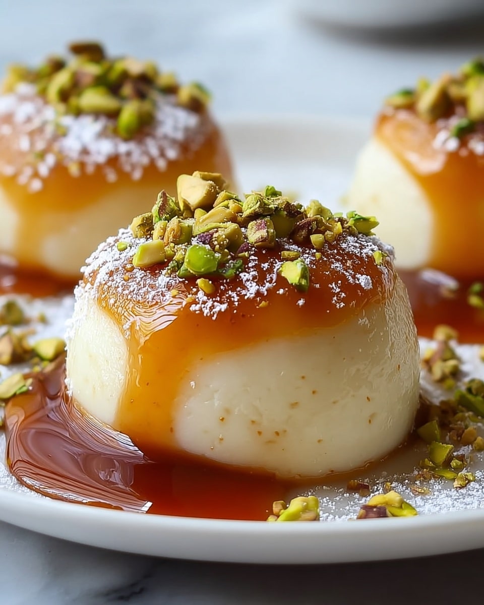 White serving plate filled with multiple round rasgullas soaked in rich, golden-brown caramel syrup, each delicately topped with finely chopped green pistachios and lightly dusted with powdered sugar, the whole dish displayed at a professional 3/4 angle on a white marble countertop with natural lighting, styled as a hero food magazine shot, photo taken with an iphone --ar 4:5 --v 7