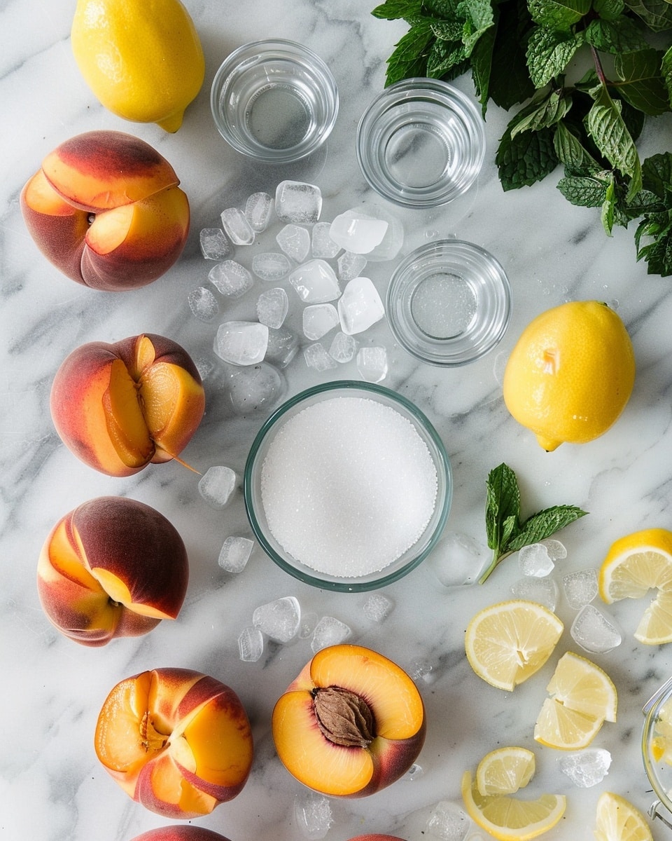 Single white glass filled with a refreshing peach iced tea garnished with a fresh lemon wheel and a sprig of mint, ice cubes floating on top, close-up angle highlighting the translucent golden-orange drink and condensation on the glass, surrounded by fresh peach slices and a halved lemon on a white marble surface, natural light emphasizing the vibrant colors, intimate styled beverage photo taken with an iphone --ar 4:5 --v 7