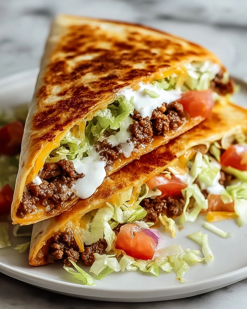 A large white rectangular platter showcasing an entire stacked beef quesadilla, filled with melted cheddar and mozzarella cheeses, seasoned ground beef, fresh shredded lettuce, diced tomatoes, and creamy sauce, the quesadilla perfectly grilled to golden-brown crispness with slight charring on the flour tortillas, arranged to show the layers and texture in full, photographed from a slight 3/4 angle on a polished white marble surface with natural lighting, styled for a professional food magazine hero shot, photo taken with an iphone --ar 4:5 --v 7
