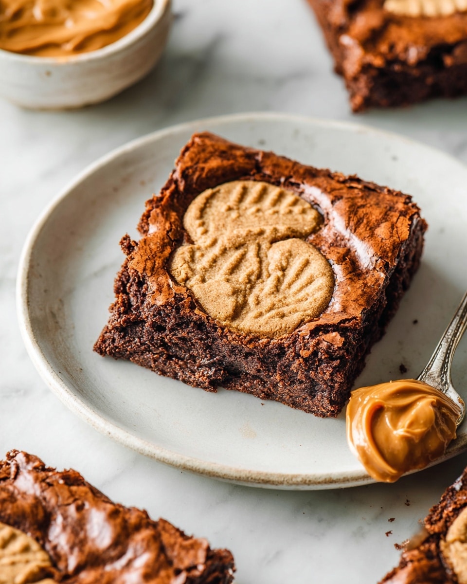 Square white ceramic baking dish filled with a whole freshly baked chocolate brownie topped generously with uncut, whole Lotus Biscoff cookies embedded across the surface, the brownie edges perfectly risen with a rich, cracked glossy crust, photographed from a 3/4 angle on a white marble background with natural lighting, styled like a hero shot from a food magazine, photo taken with an iphone --ar 4:5 --v 7