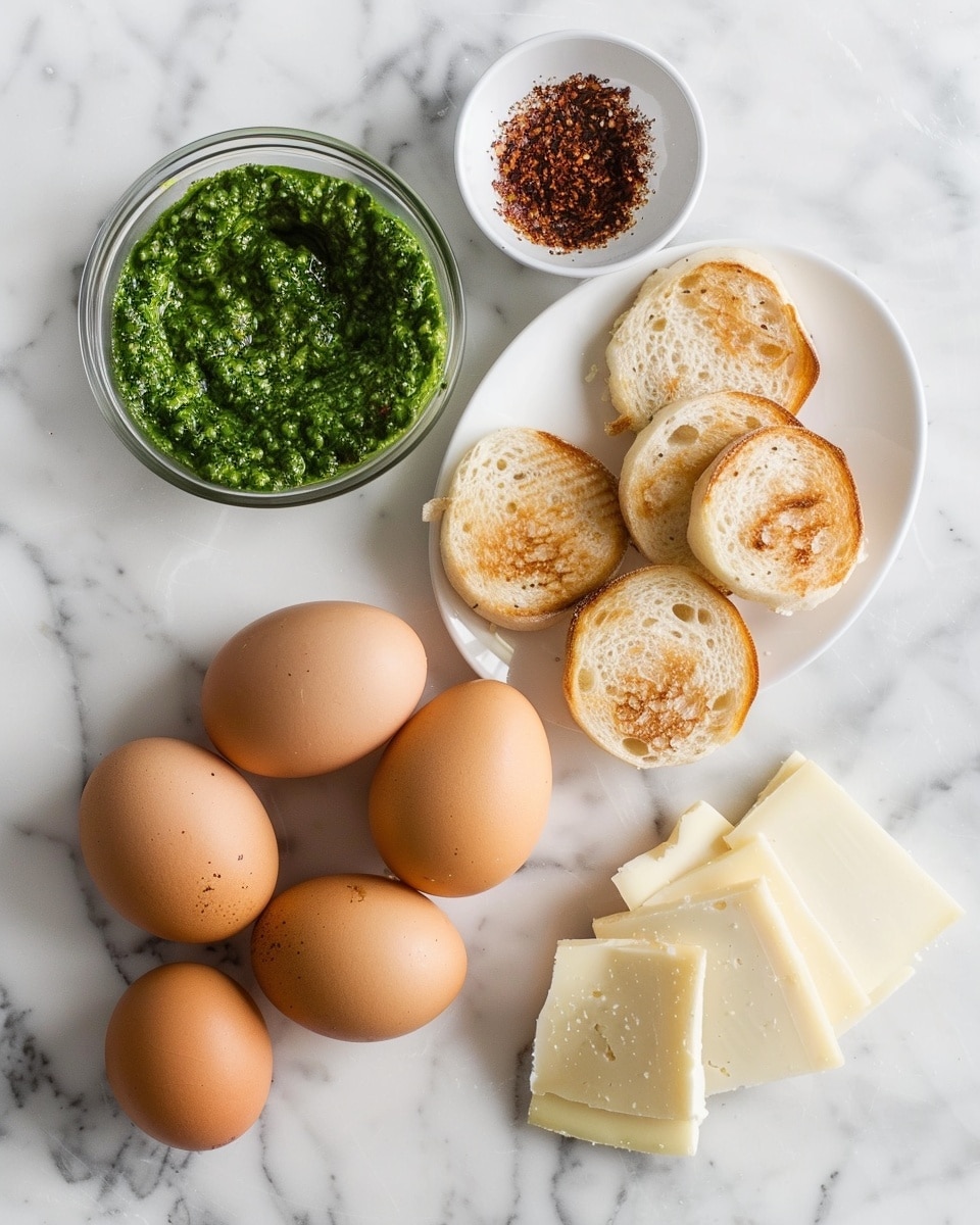 Single white plate featuring one perfectly cooked sunny-side-up egg resting atop a toasted English muffin half, layered with a vibrant green pesto and crumbled flavorful sausage bits, the bright yellow yolk glistening with light seasoning of black pepper, close-up angle highlighting the texture of the muffin and the creamy melted cheese beneath, natural sunlight illuminating the dish on a white marble surface, styled like a cozy breakfast serving, photo taken with an iphone --ar 4:5 --v 7
