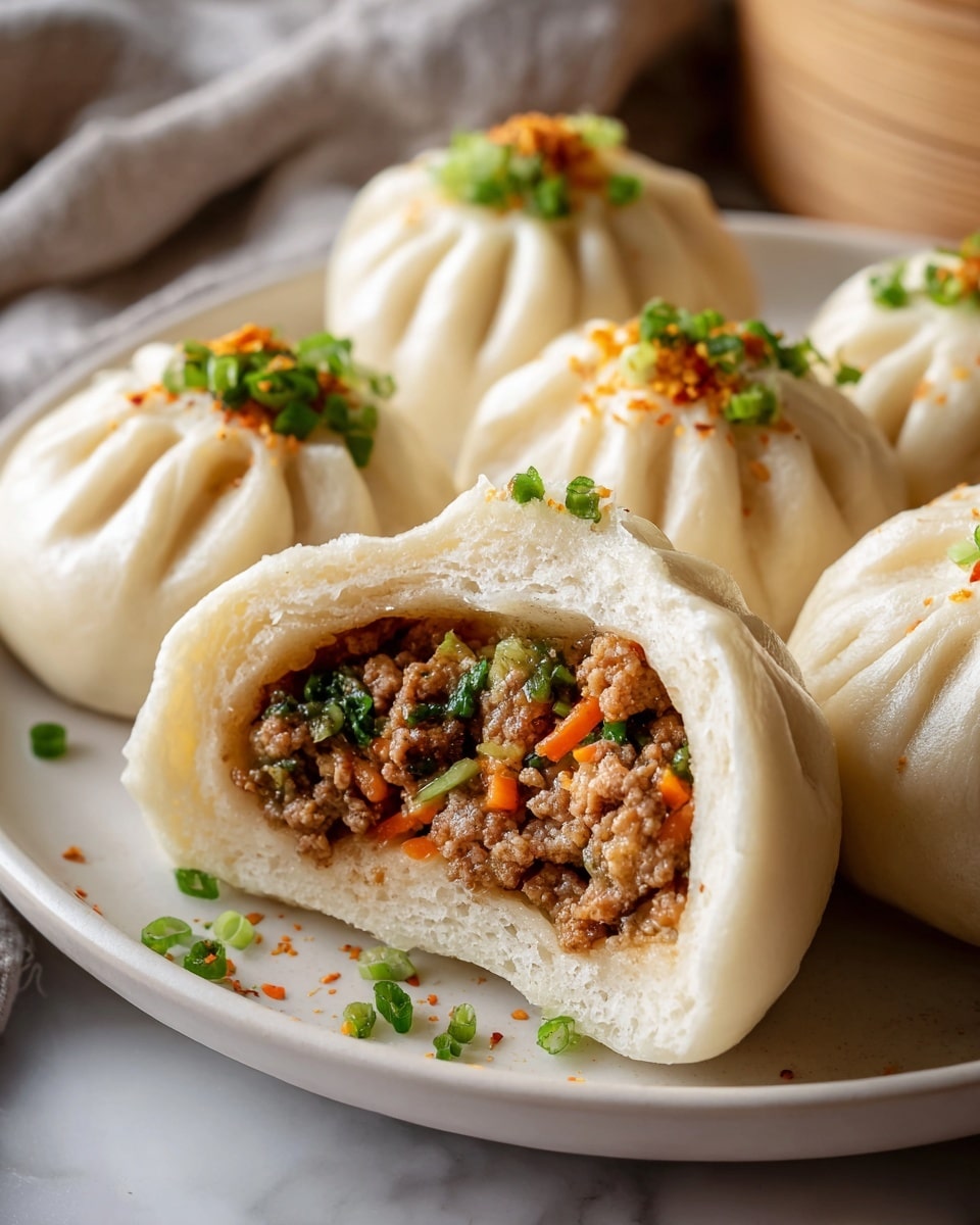 A round bamboo steamer basket filled with multiple plump, steamed pork and vegetable bao buns, each perfectly pleated on top and garnished with finely chopped green onions, arranged neatly on white parchment paper lining the basket, showcasing their soft white dough exterior and savory filling inside, photographed from a 3/4 angle on a white marble countertop with natural lighting, styled like a hero food magazine shot, whole dish in frame, photo taken with an iphone --ar 4:5 --v 7