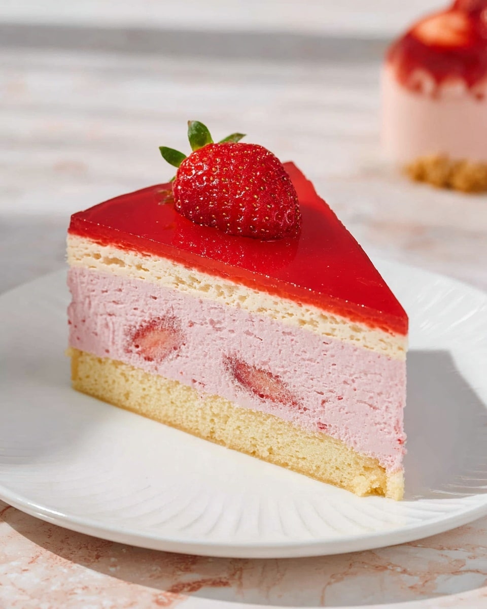 Whole strawberry mousse cake on a white cake stand, featuring a smooth red strawberry glaze on top, surrounded by a row of fresh halved strawberries embedded in the creamy pink mousse layer, all resting on a golden biscuit crust, presented in full view with sharp details, photographed at a 3/4 angle on a white marble background with natural lighting, styled like a hero shot from a food magazine, photo taken with an iphone --ar 4:5 --v 7