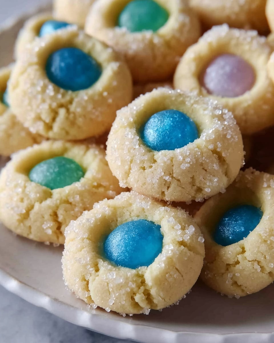 White decorative plate filled with a full batch of small thumbprint cookies topped with pastel-colored candy centers in green, yellow, blue, purple, and pink, all evenly arranged in a mound, surrounded by scattered matching candies and vibrant fresh flowers, entire dish shown with natural lighting on a white marble background, professional 3/4 angle food magazine style photo taken with an iphone --ar 4:5 --v 7
